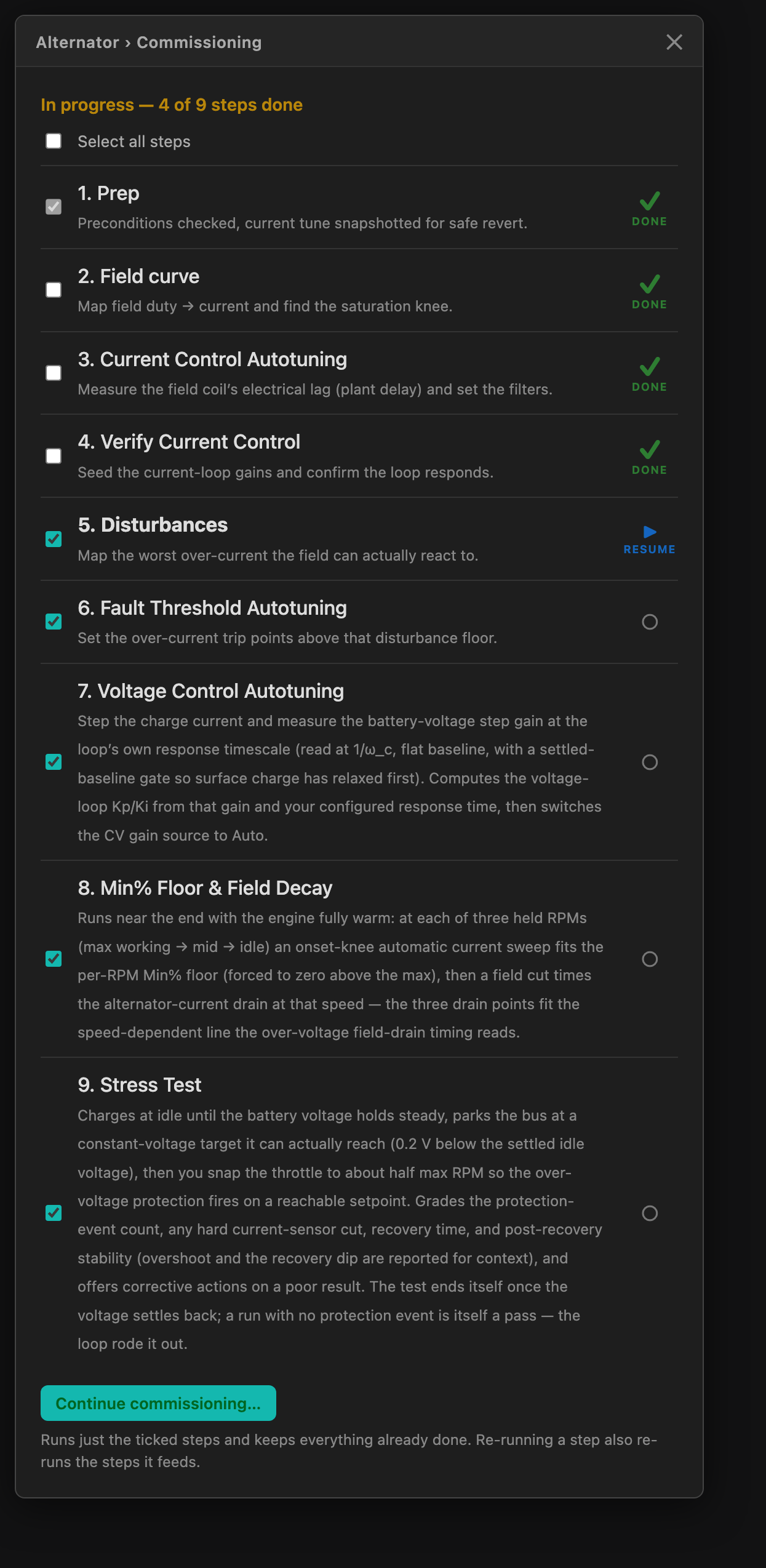 Commissioning tab mid-run: per-step checkboxes, DONE marks, and a RESUME pointer