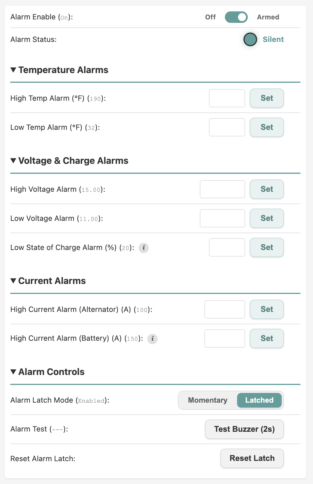 Alarms tab with all groups