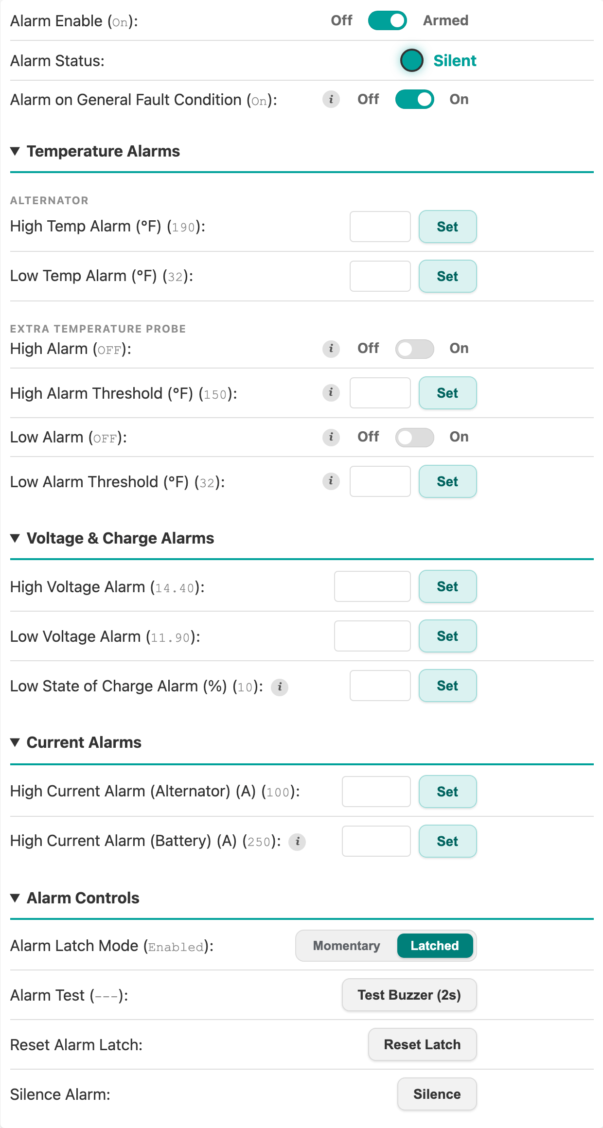 Alarms tab with all groups