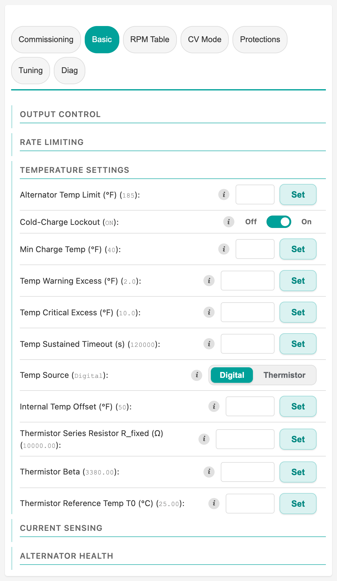 Temperature Settings accordion in Setup → Alternator → Basic