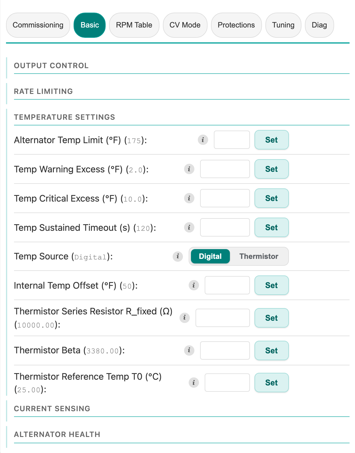 The alternator temperature settings