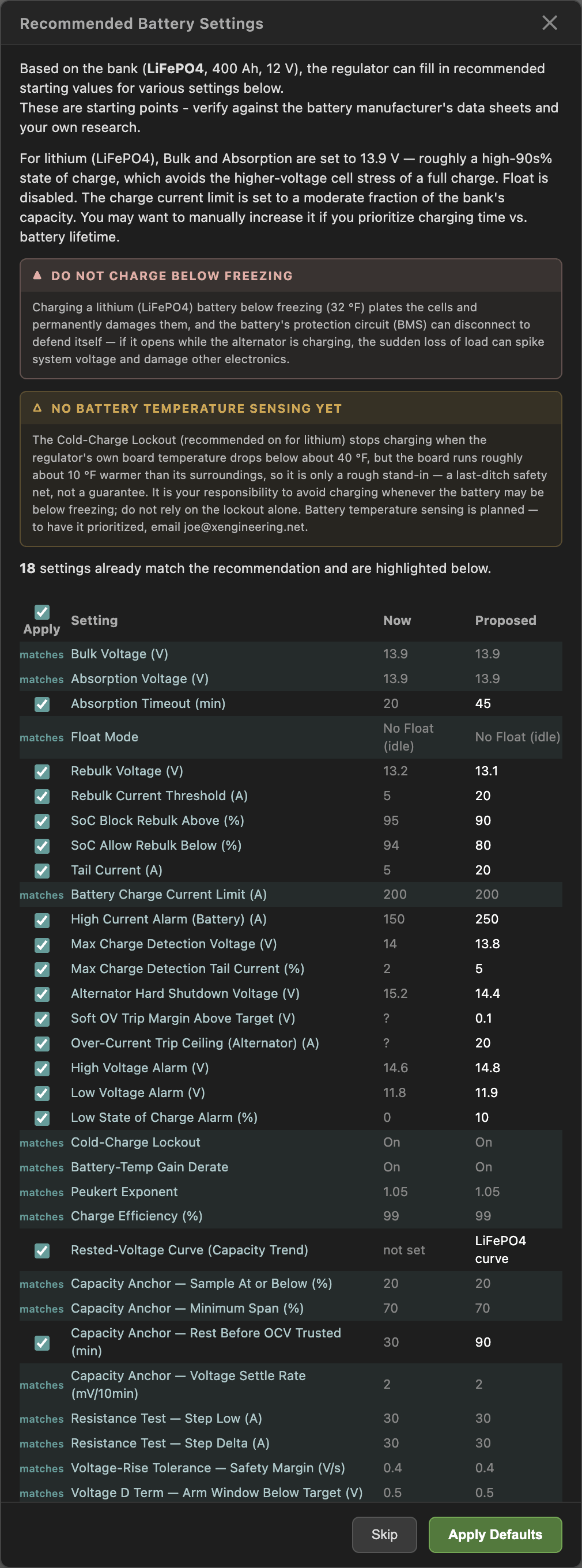 Recommended Battery Settings proposal for a LiFePO4 bank
