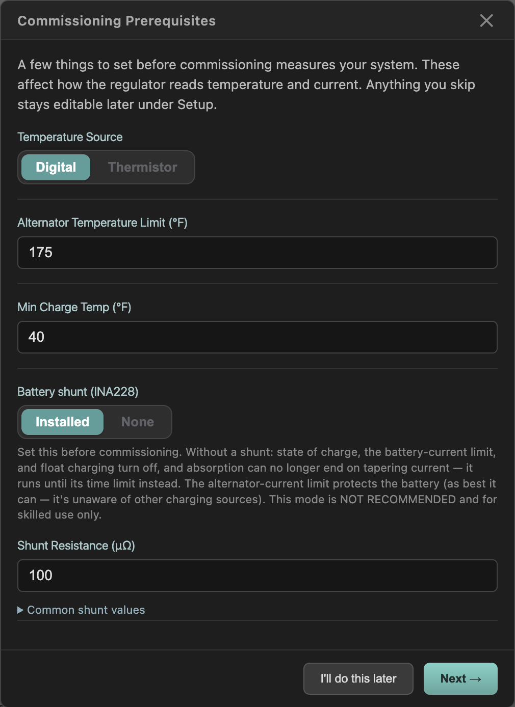 Commissioning Prerequisites screen