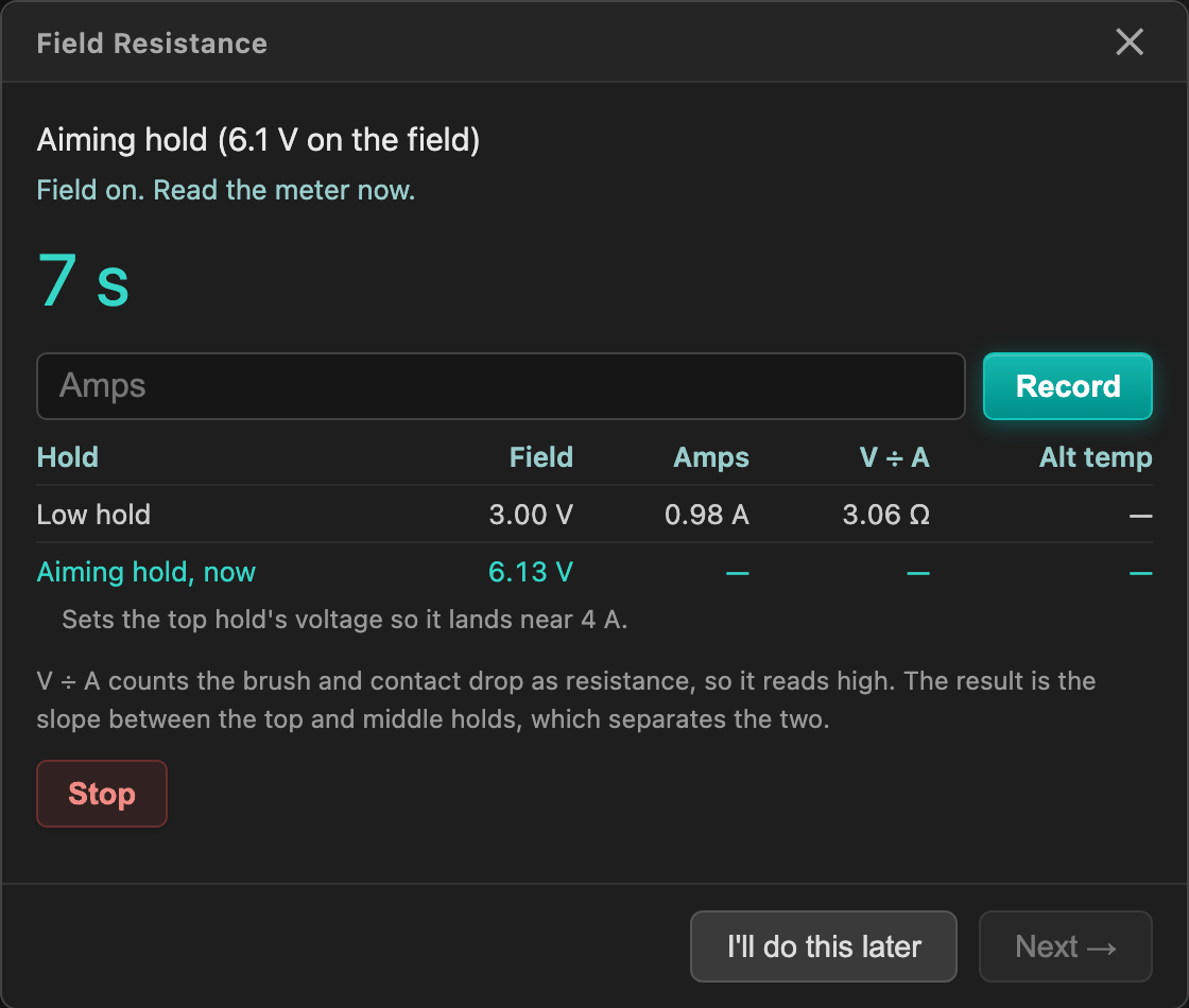 Field Resistance screen during a meter-method hold, with the countdown running