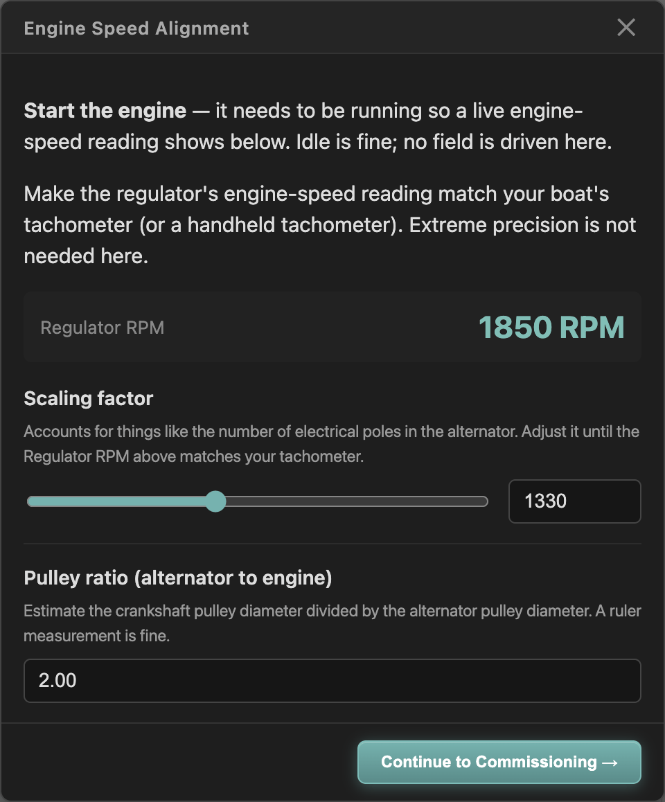 Tachometer Calibration screen with live RPM