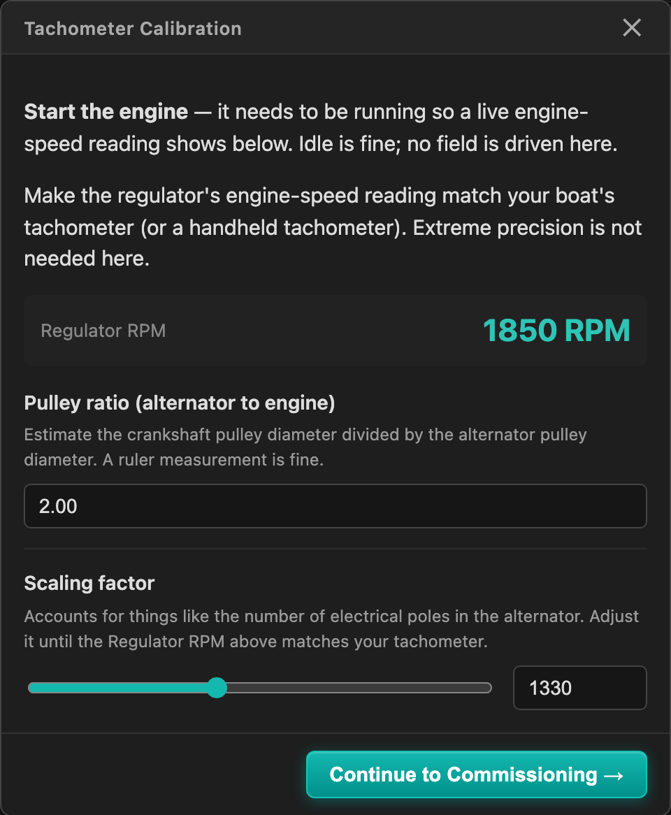 Tachometer Calibration screen with live RPM
