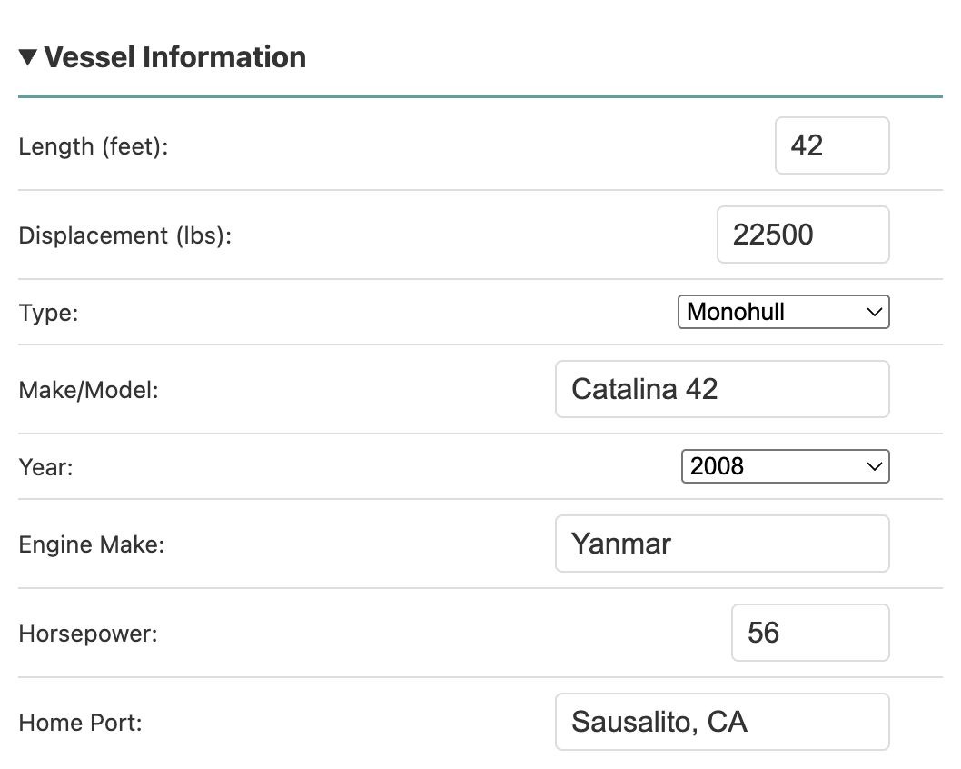 Vessel Information section, filled in