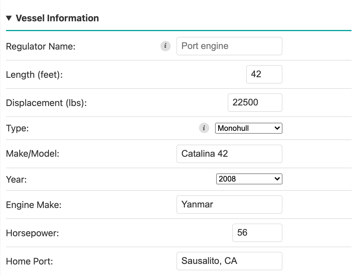 Vessel Information section, filled in