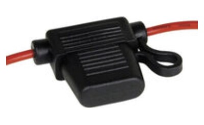 Black inline blade-fuse holder spliced into a red wire