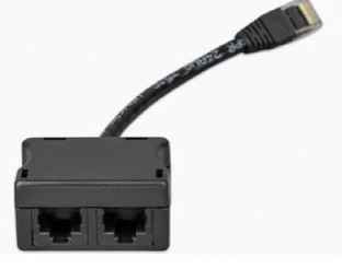 Black RJ45 splitter, one male plug on a short lead to two female jacks
